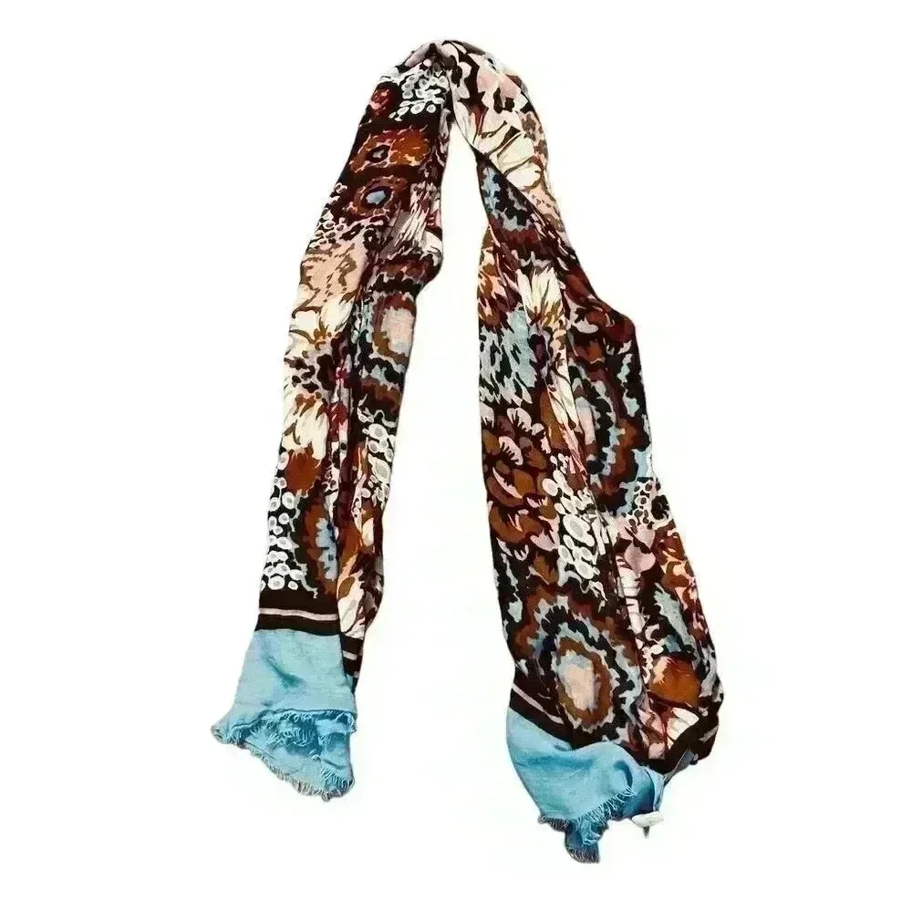Vera Bradley Women's Floral Scarf Beige Brown Blue Fringe Fall Fashion